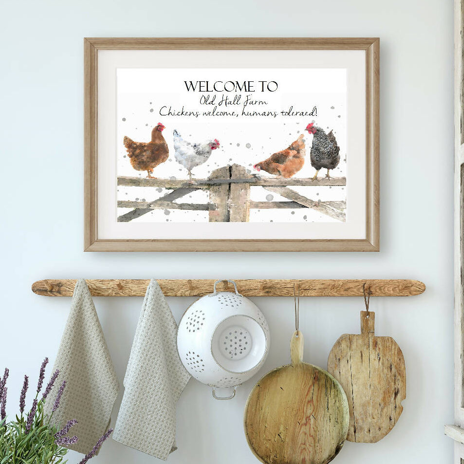 Personalised Chickens On Rural Gate Print