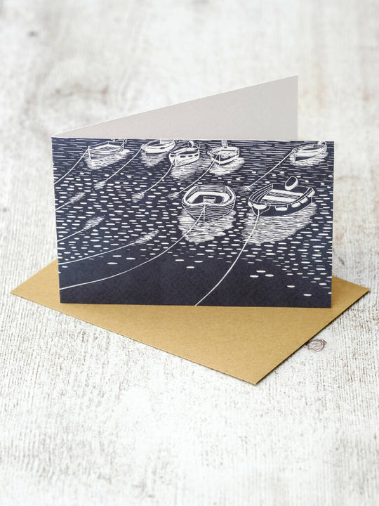 Rowing Boats St Mawes A6 Lino Print Greeting Card