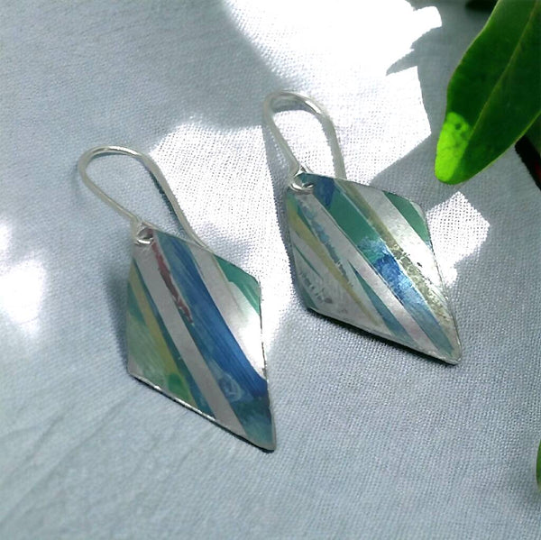 Iris Inspired Green and Blue Stripe Aluminium Earrings
