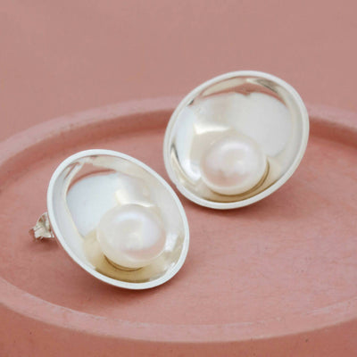 Large Pearl Stud Earrings in Solid Sterling Silver