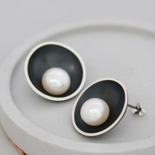 Large Pearl Stud Earrings in Solid Sterling Silver