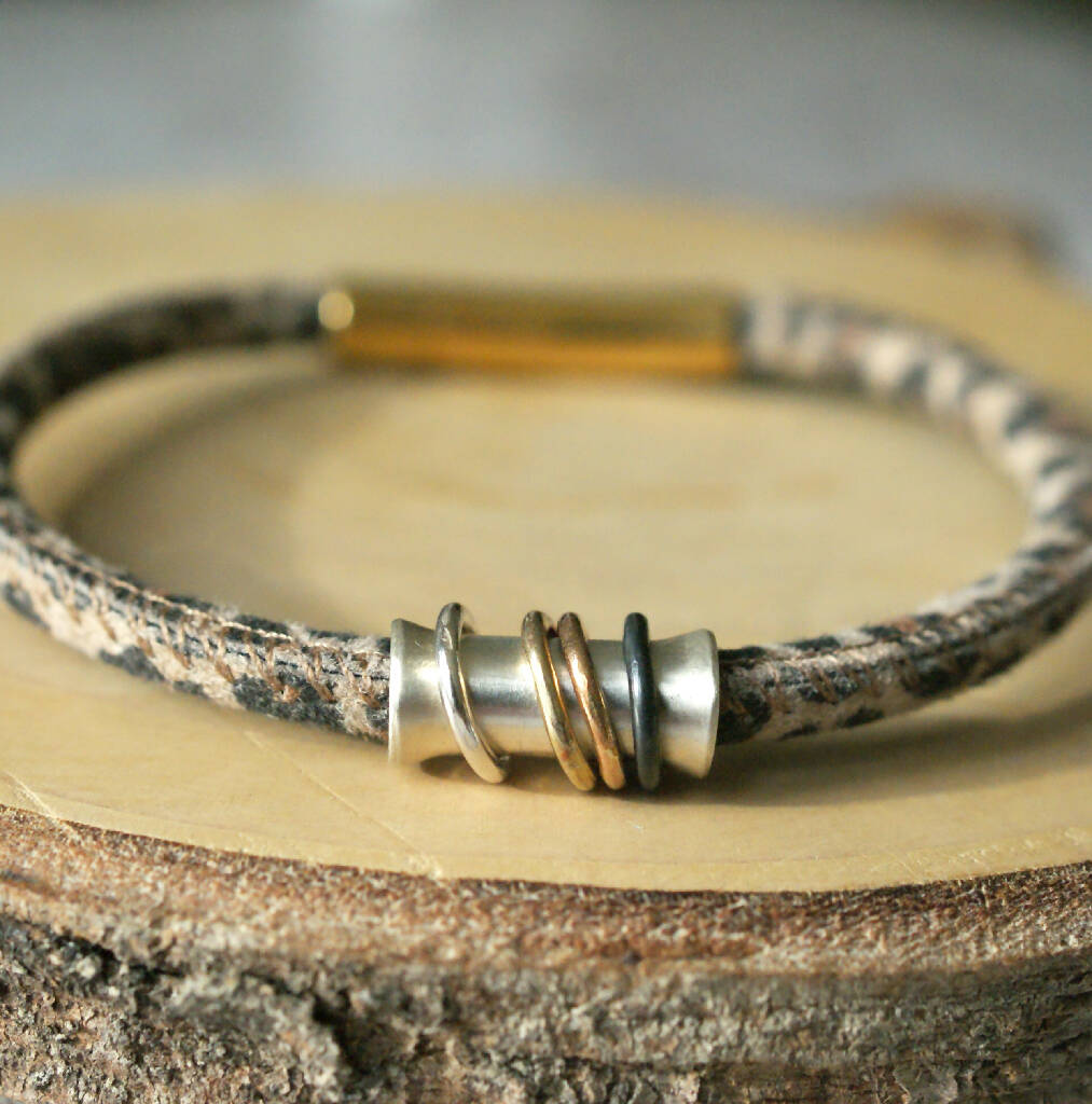 Leopard Print Bracelet with Silver and Gold Rings