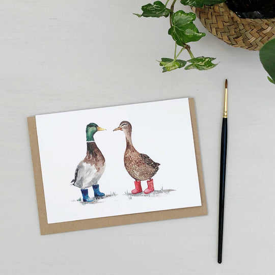 Ducks In Wellies Watercolour Card