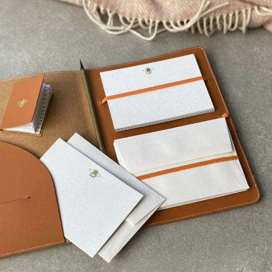 Recycled Leather Writing Set with Bee Motif
