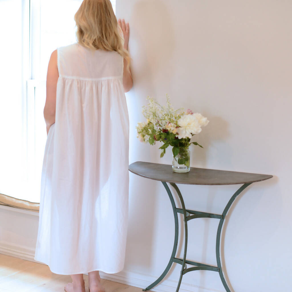 White Cotton Nightdress with Botanical Embroidery