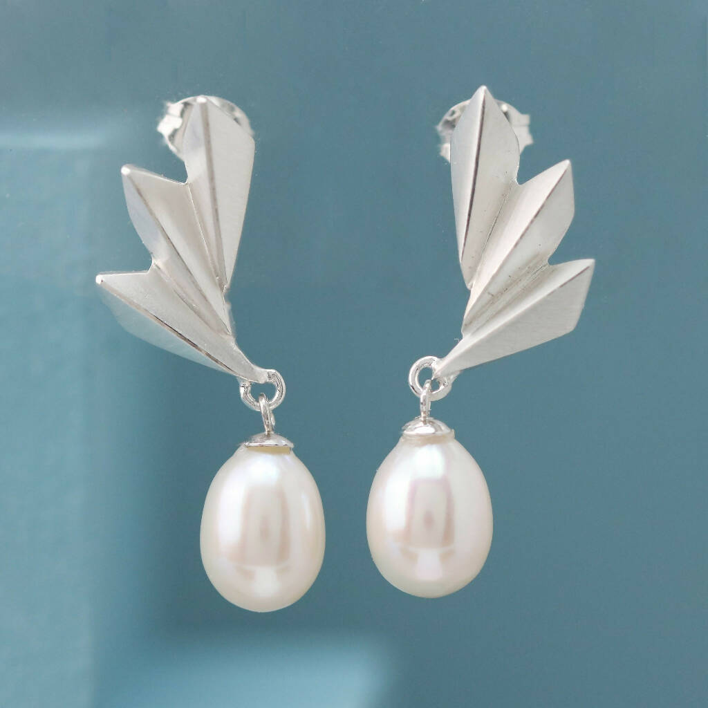 Geometric Fan Drop Earrings with Pearls in Solid Sterling Silver