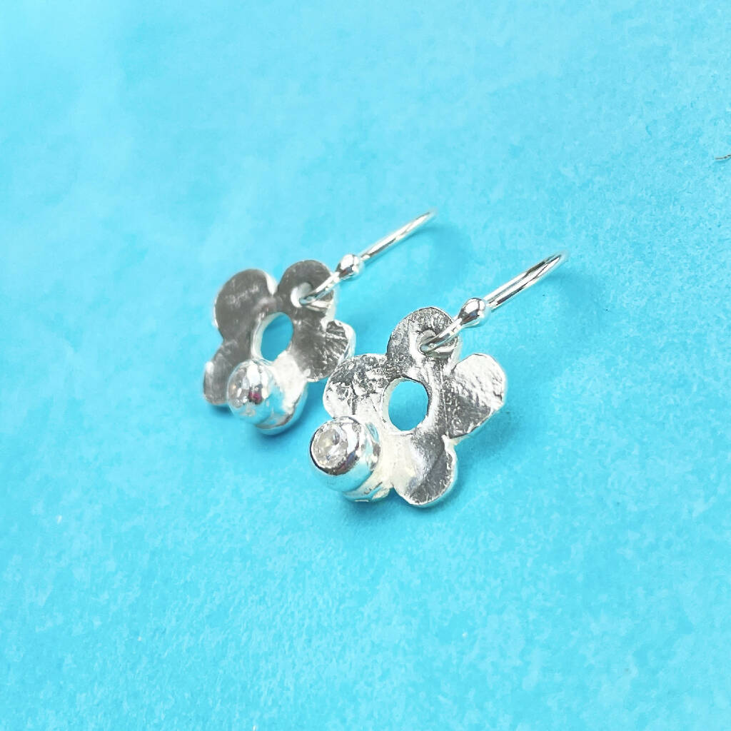 Flower Fine Silver Earrings with Clear Stone