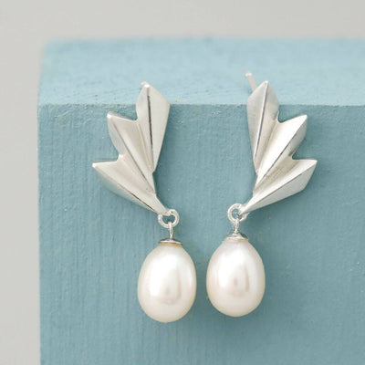 Geometric Fan Drop Earrings with Pearls in Solid Sterling Silver