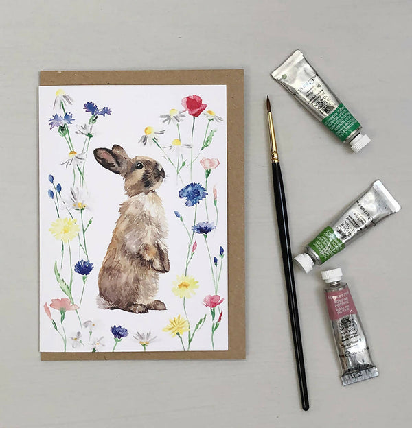 Watercolour Bunny Rabbit and Spring Flowers Card