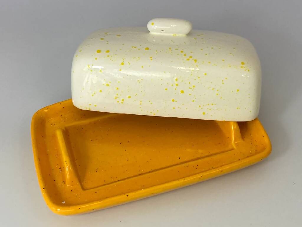 Butter Dish with White Lid and Yellow Spots