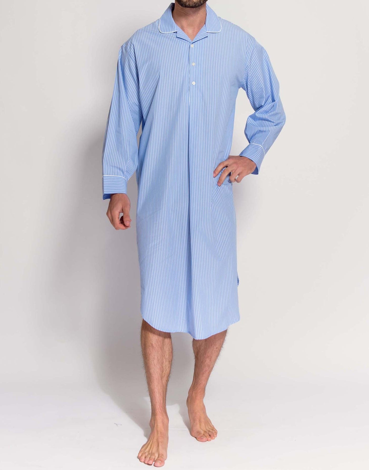 Men's Crisp Cotton Nightshirt – Sky Blue & White Stripe