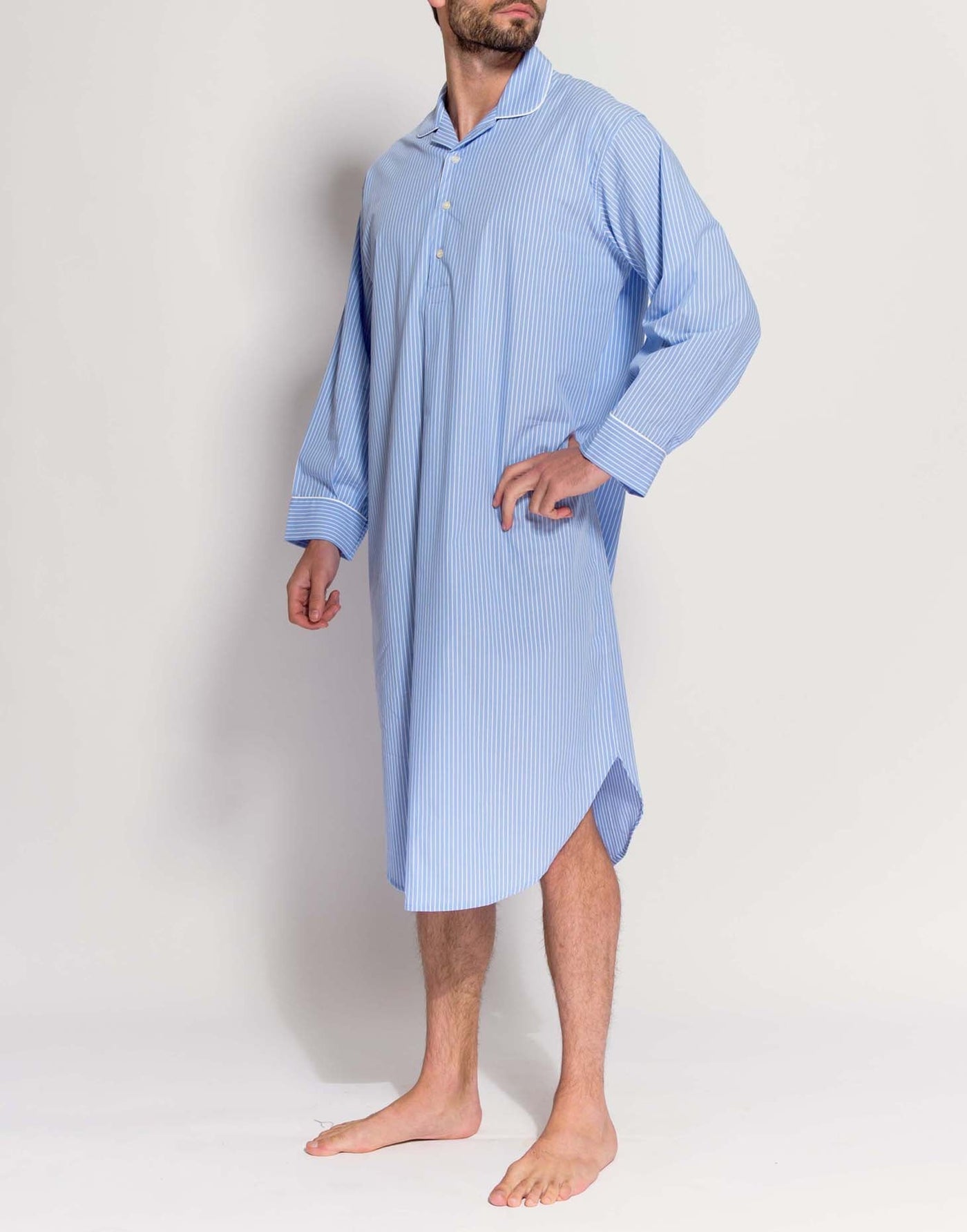 Men's Crisp Cotton Nightshirt – Sky Blue & White Stripe