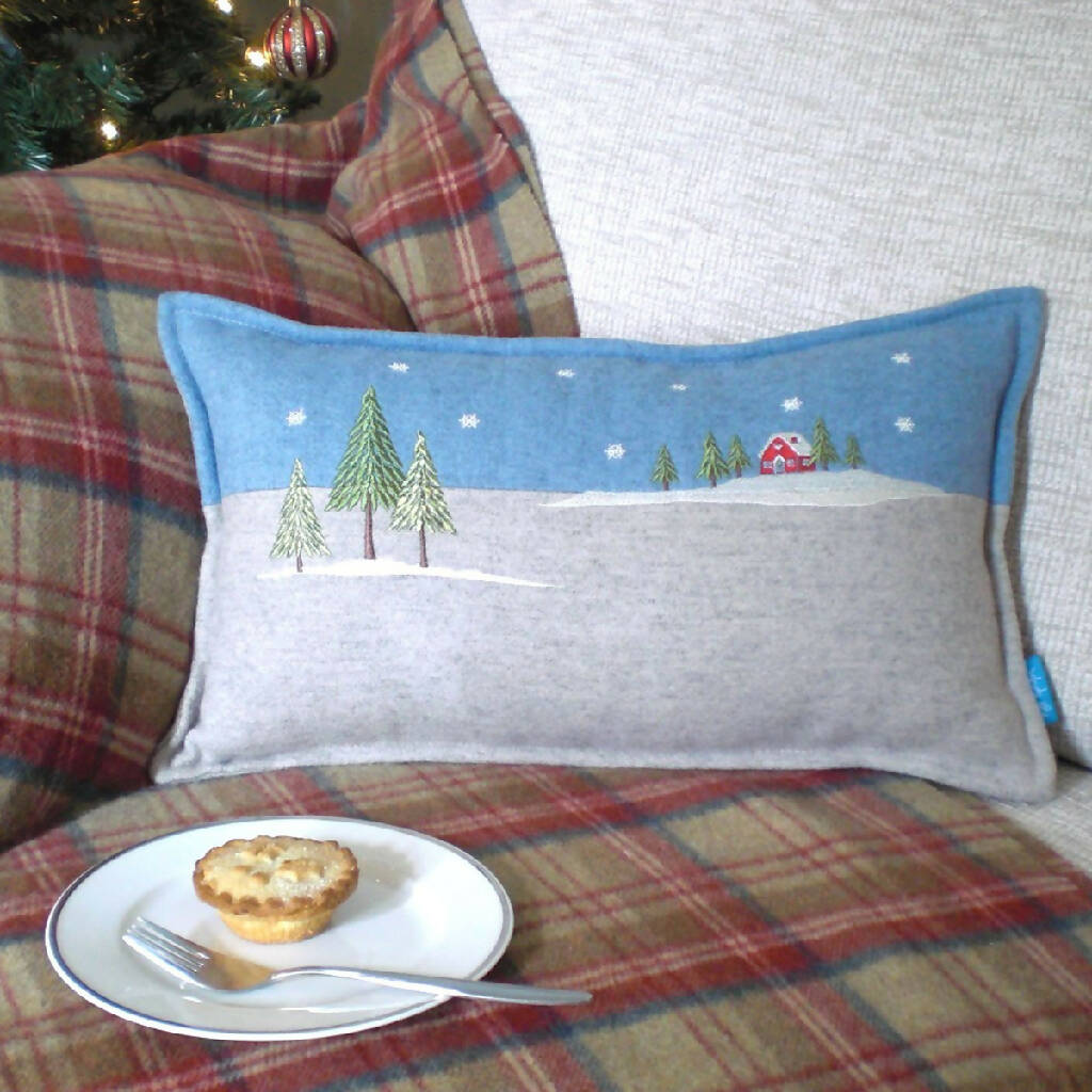 Embroidered Winter Lodge Christmas Cushion