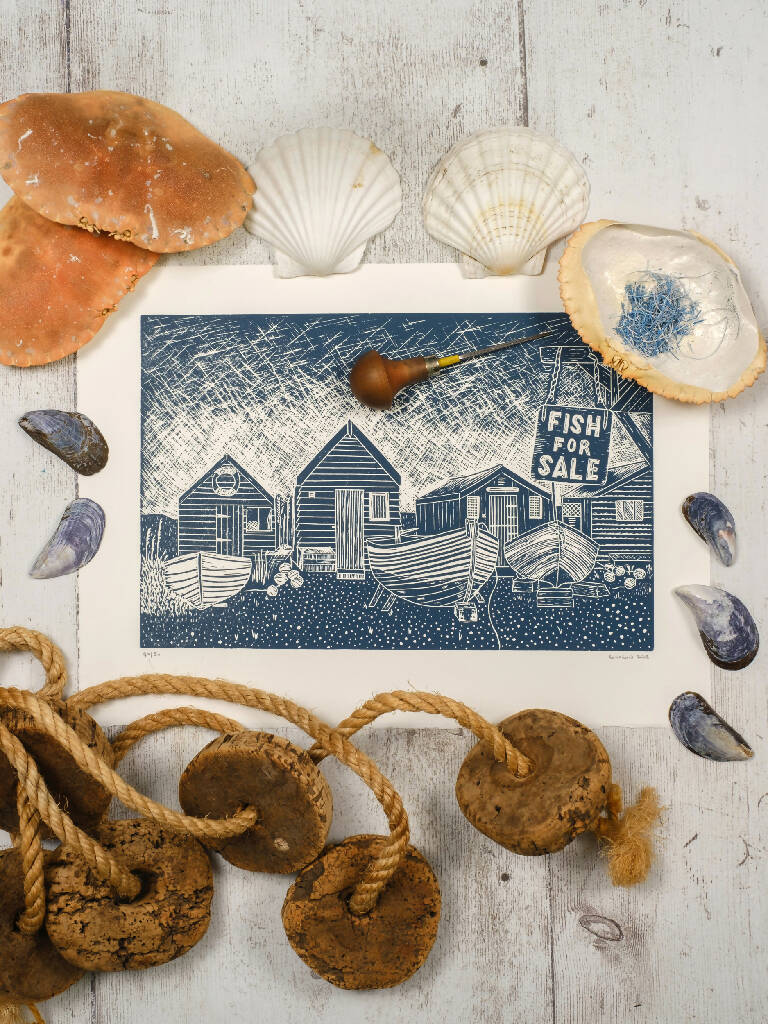 Fisherman's Huts at Southwold, Limited Edition Lino Print