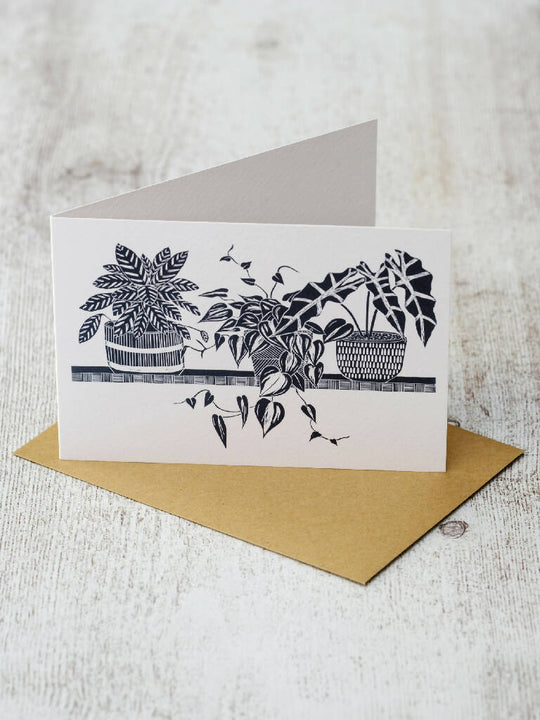 Three House Plants on a Shelf A6 Lino Print Greeting Card
