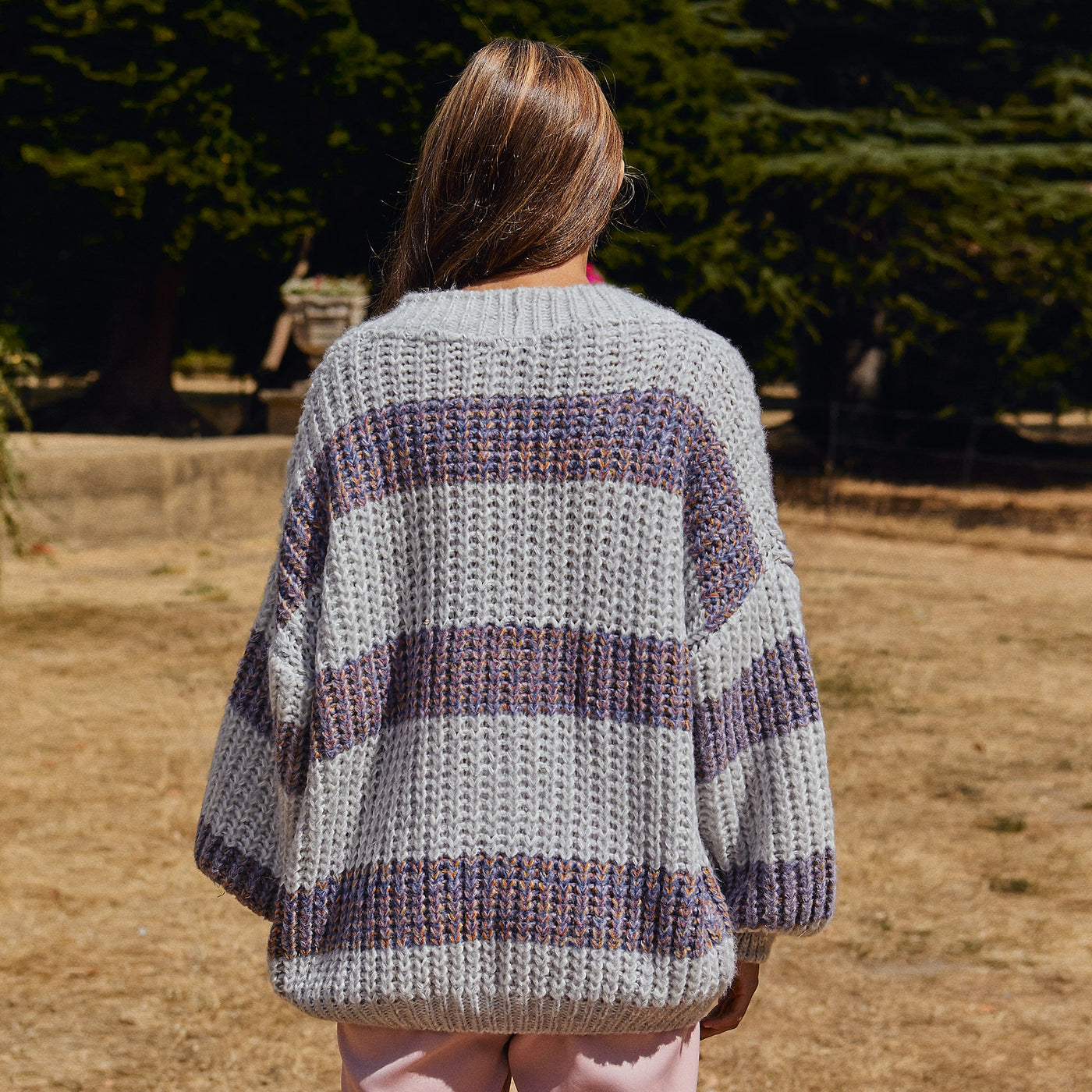 Olivia Stripe Chunky Cardigan with Buttons - Silver Grey