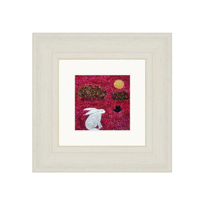 Indian Summer Framed Embroidered Artwork with White Hare Black Bird and Trees