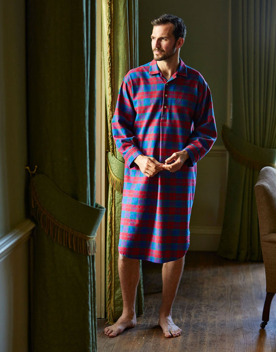 Men's Brushed Cotton Nightshirt – Bordeaux Tartan