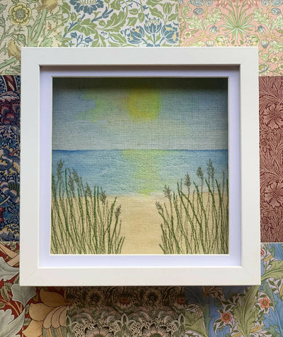 Box Framed Watercolour Seascape with Embroidered Grasses Artwork