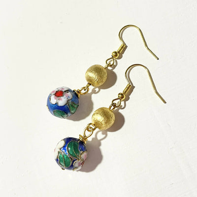 Blue Enamel Floral Brass Earrings
