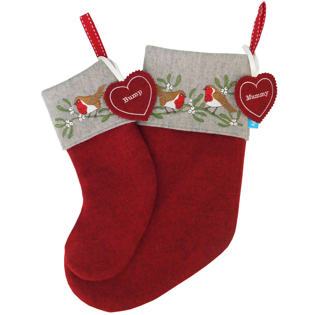 Embroidered Robin and Mistletoe Christmas Stocking