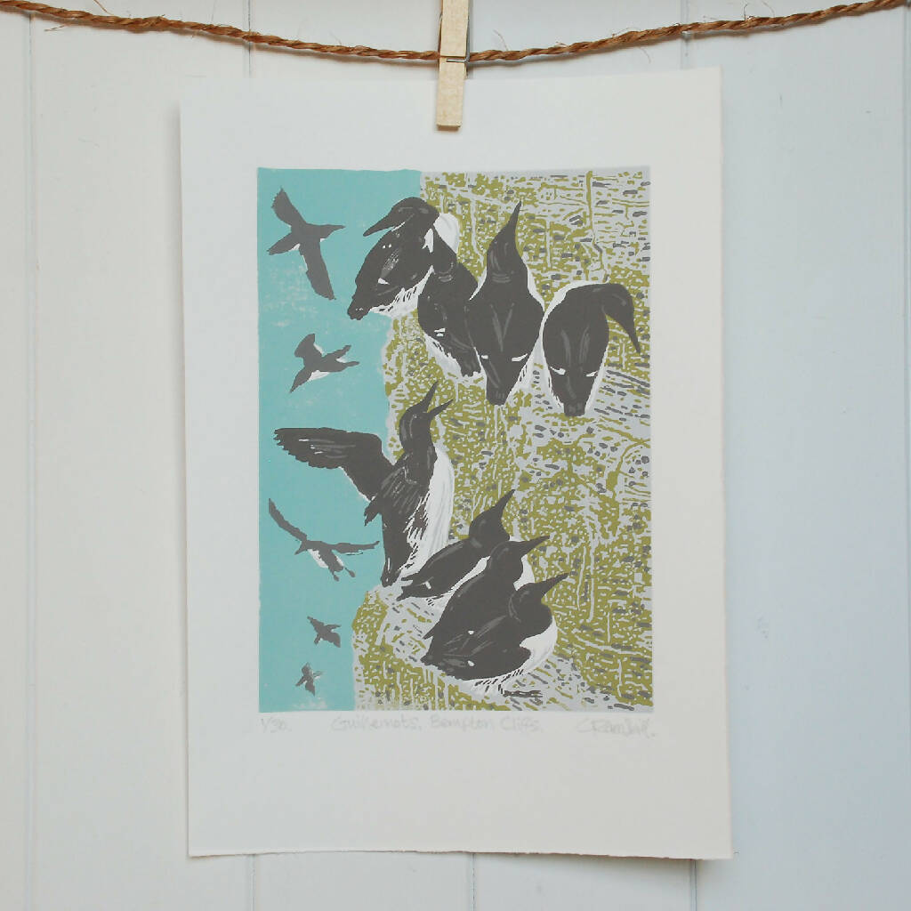 Guillemots, Bempton Cliffs - Limited Edition - Original Linocut Print