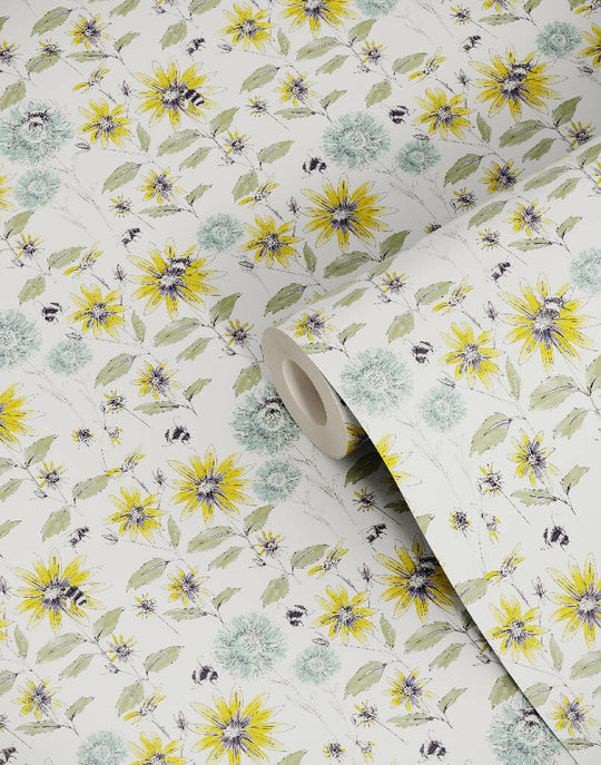 Bumblebee and Flora Sustainable Wallpaper