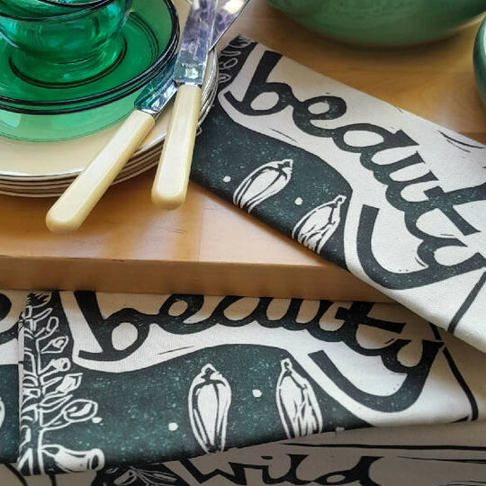 'Wild Beauty' Natural, Unbleached Cotton Tea Towel in Green