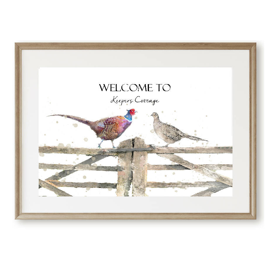 Personalised Watercolour Pheasants On Country Gate Print
