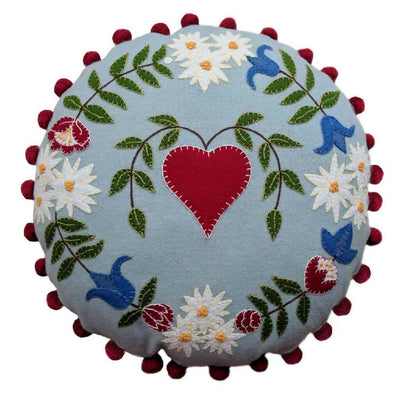 Round Embroidered Alpine Heart Cushion in Luxury Wool