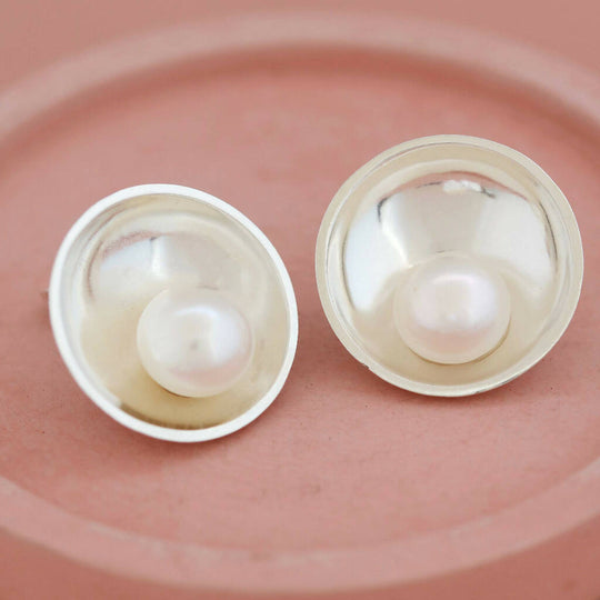 Large Pearl Stud Earrings in Solid Sterling Silver