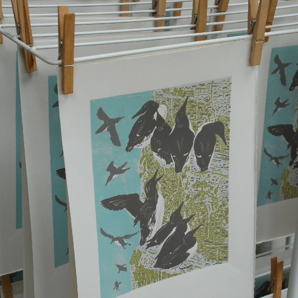 Guillemots, Bempton Cliffs - Limited Edition - Original Linocut Print