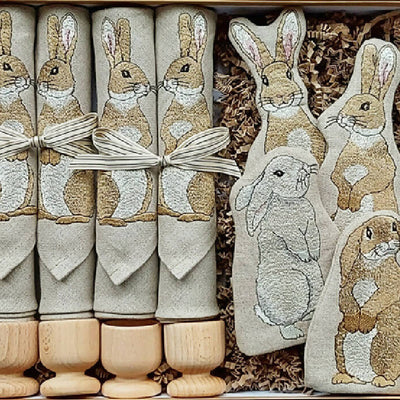 Complete Set of Four Embroidered Rabbit Egg Cosies by Kate Sproston Design