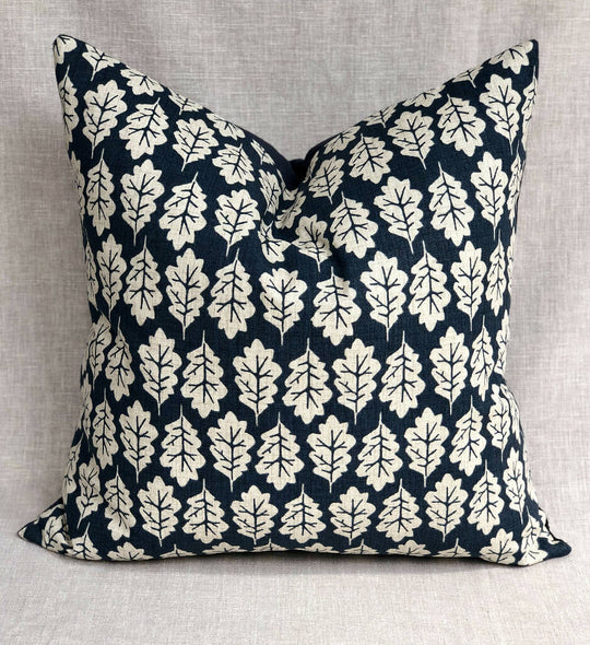 Oak Leaf & Navy Velvet-Backed Cushion