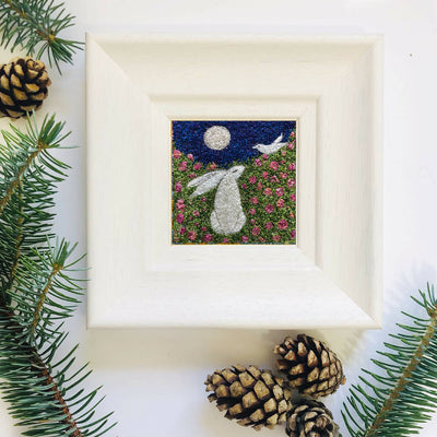 Midnight And the Scent of Roses Embroidered Framed Artwork with Hare and White Bird.