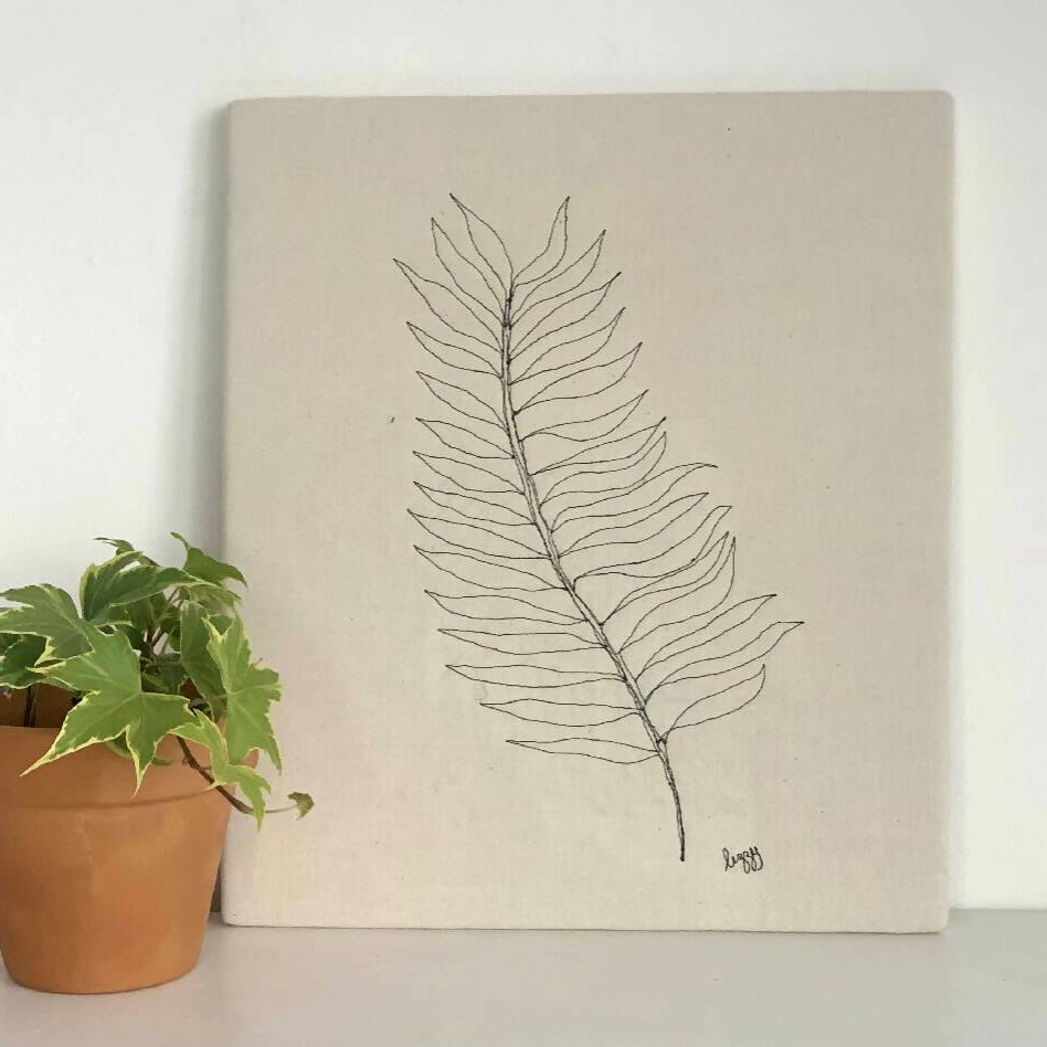 Machine Stitched Fern Leaf in Black Cotton Artwork