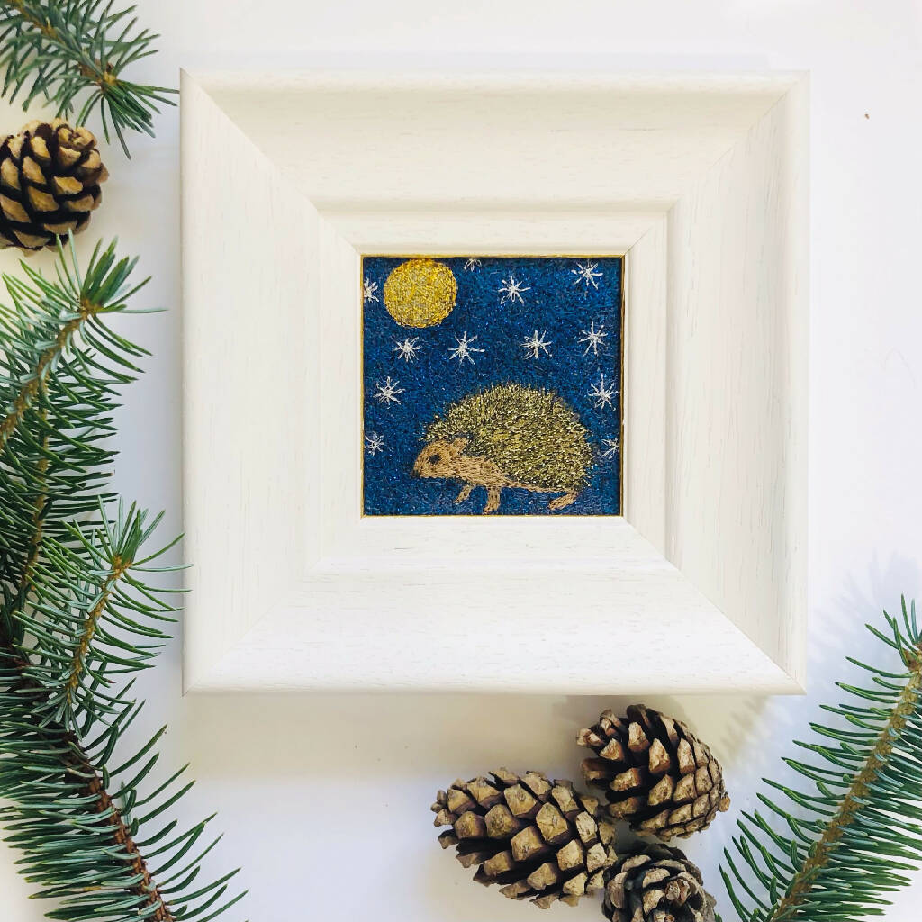 Hans by The Moon Embroidered Framed Artwork with Hedgehog, Stars and Moon.