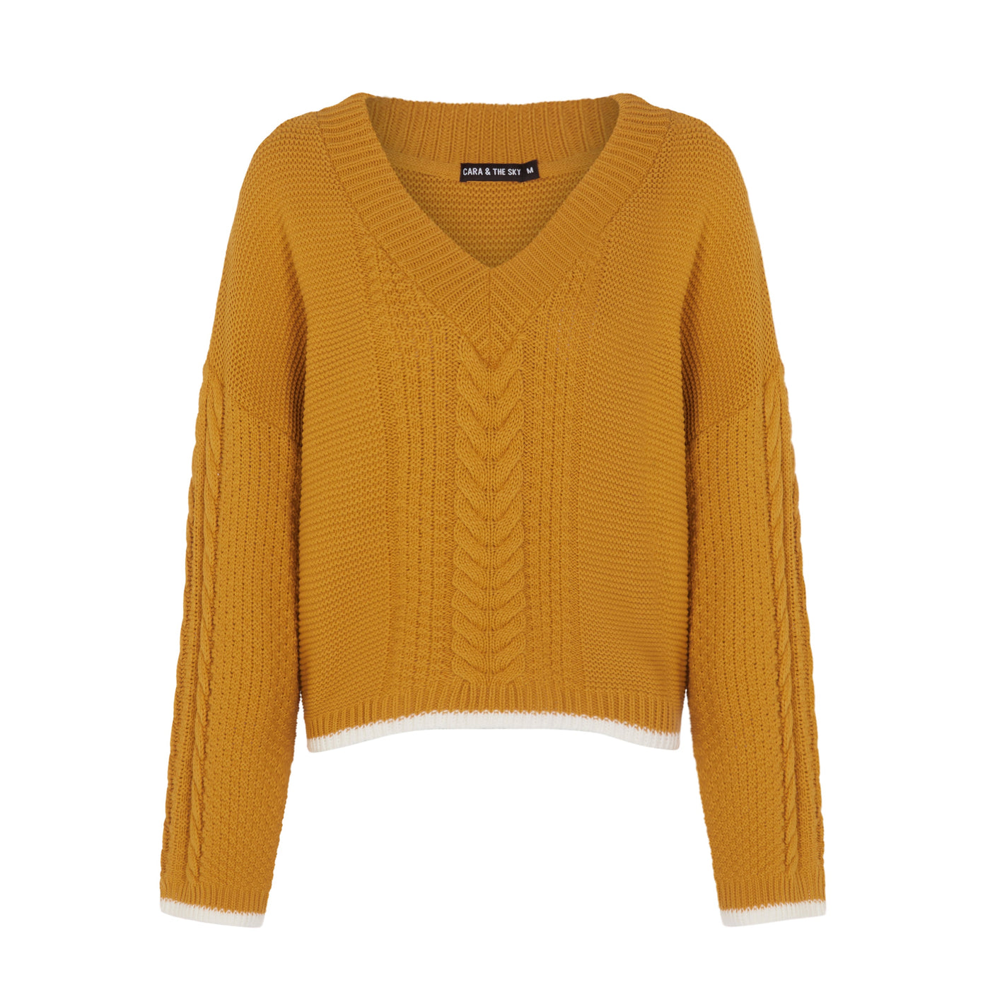 Emma V Neck Cable Jumper - Mustard