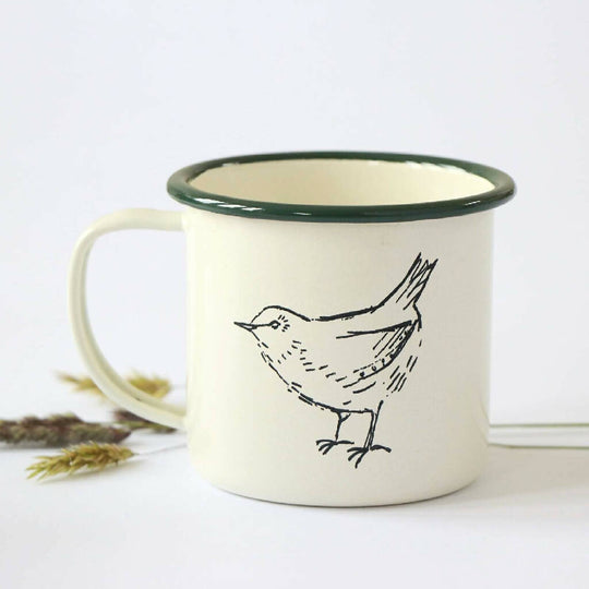Wren Bird Enamel Mug Etched in Cornwall