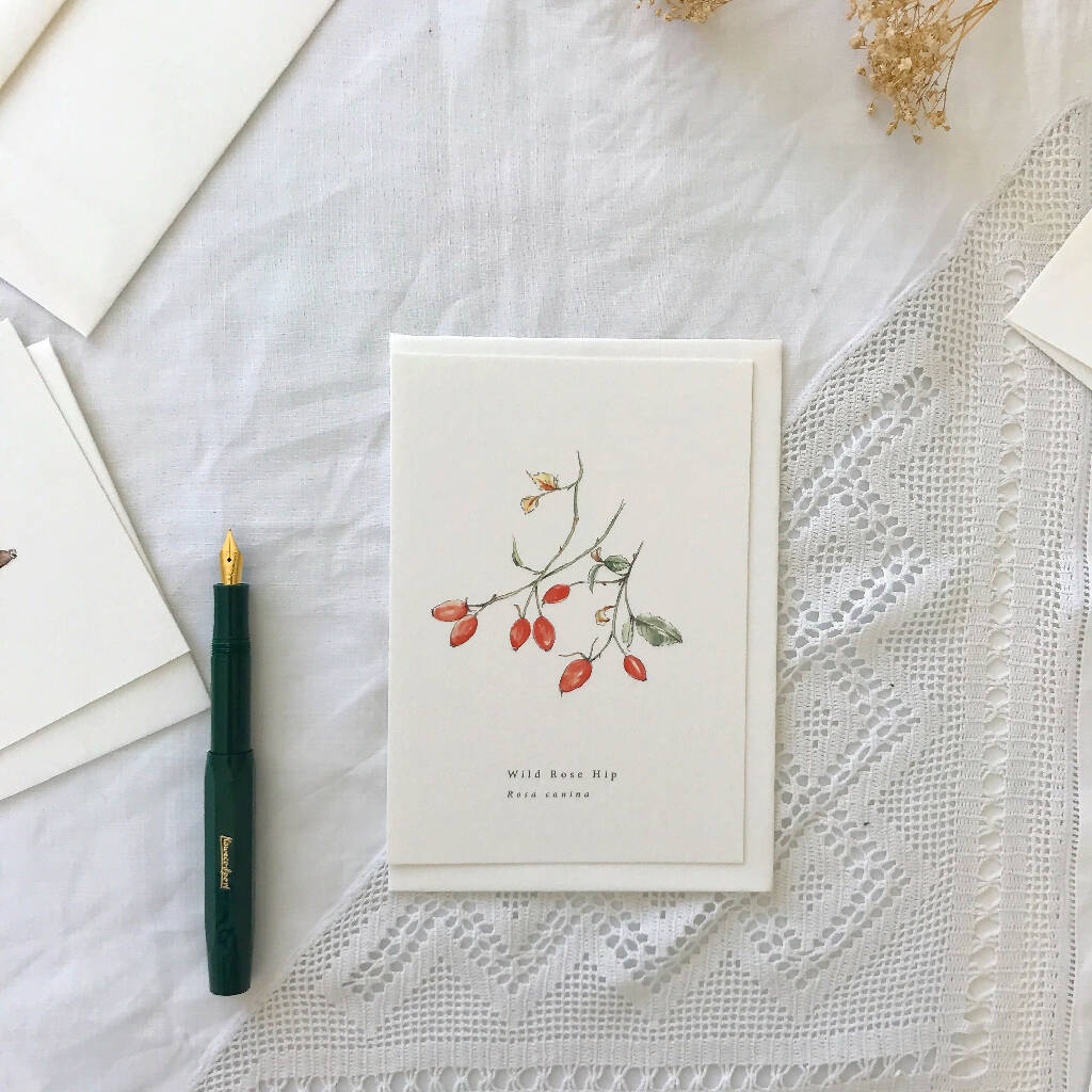 Rosehip Vintage Style Botanical Watercolour Illustrated Greetings Card