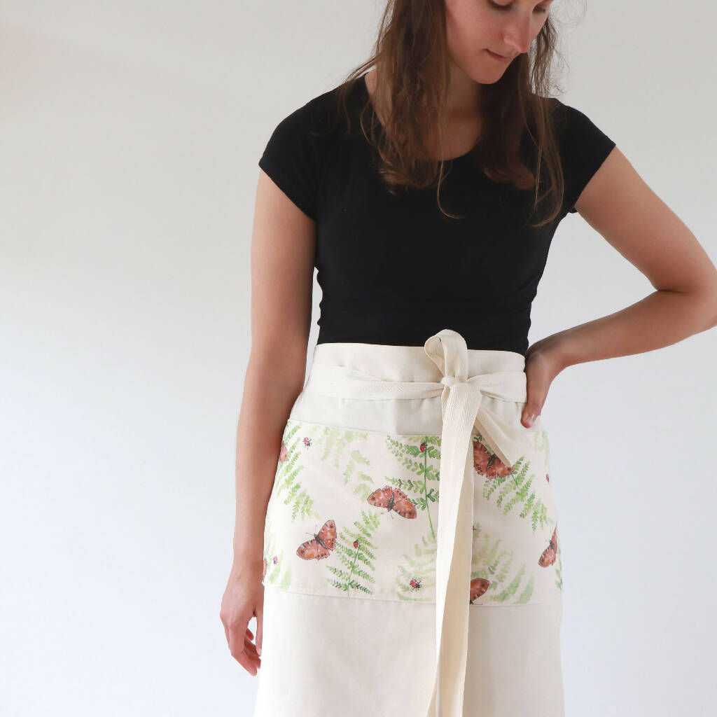 Natural Organic Half Wrap Around Pocket Butterfly and Fern Apron