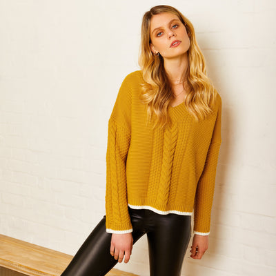 Emma V Neck Cable Jumper - Mustard