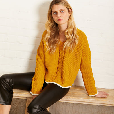 Emma V Neck Cable Jumper - Mustard