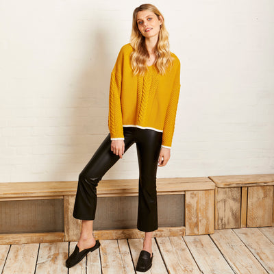 Emma V Neck Cable Jumper - Mustard