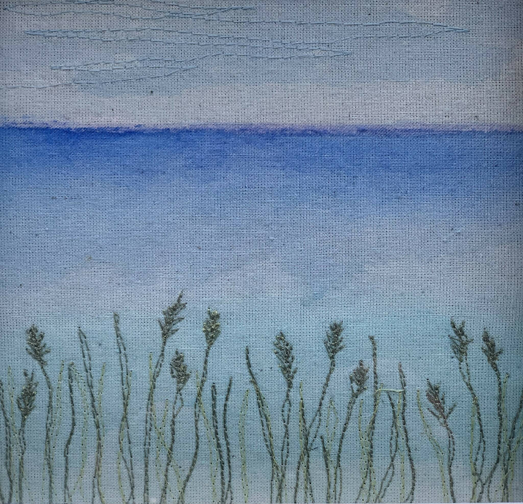 Box Frame Artwork of a Seaview in Watercolour and Machine Stitch