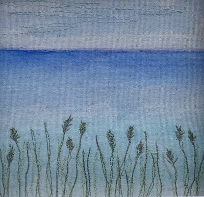 Box Frame Artwork of a Seaview in Watercolour and Machine Stitch