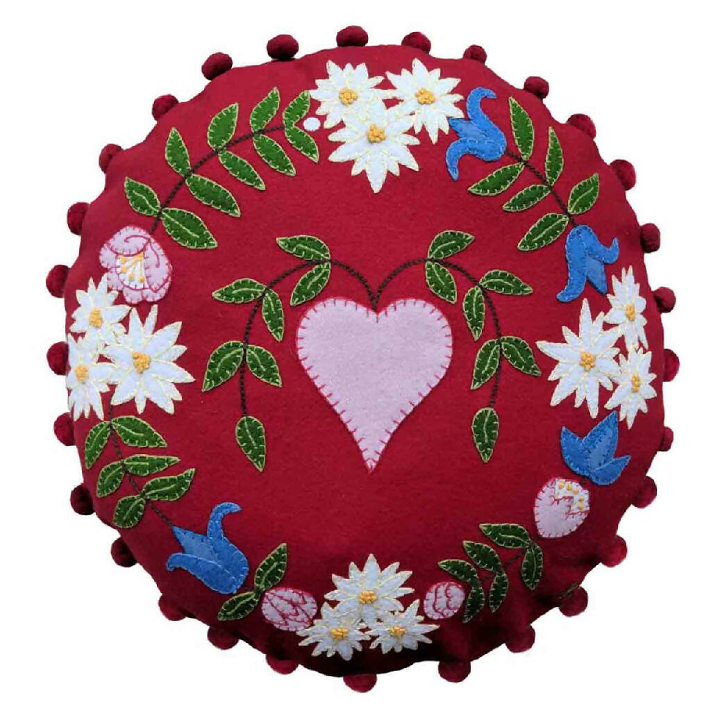 Round Embroidered Alpine Heart Cushion in Luxury Wool