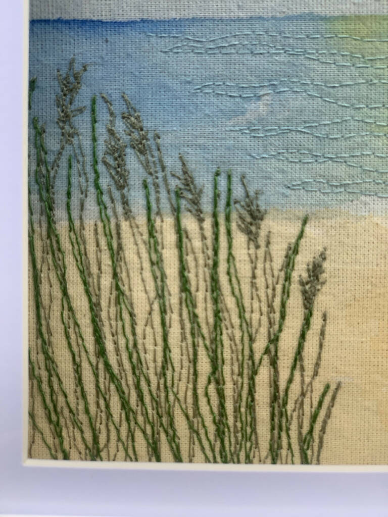 Box Framed Watercolour Seascape with Embroidered Grasses Artwork