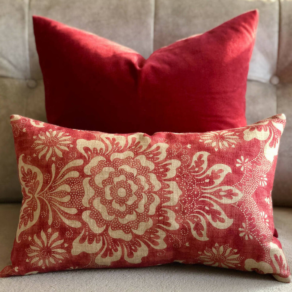 Vintage Floral Linen, Velvet-Backed Cushion