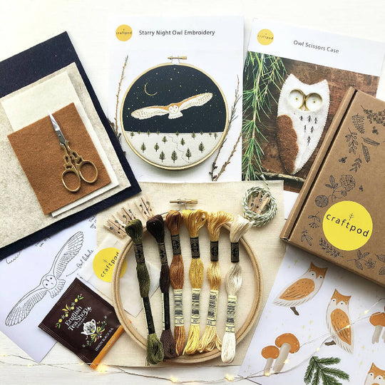 Winter Owl Craftpod: Includes Starry Night Owl Embroidery Kit, Owl Scissors Case Kit and Garland.